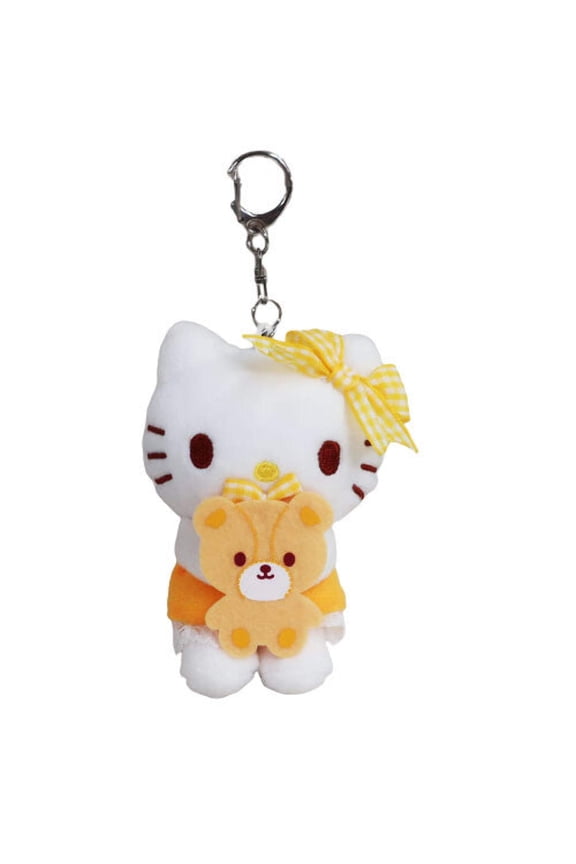 Hello Kitty Stuffed Animal Keychain Holding Yellow Teddy Bear  Cute  Adorable Plush Keychain