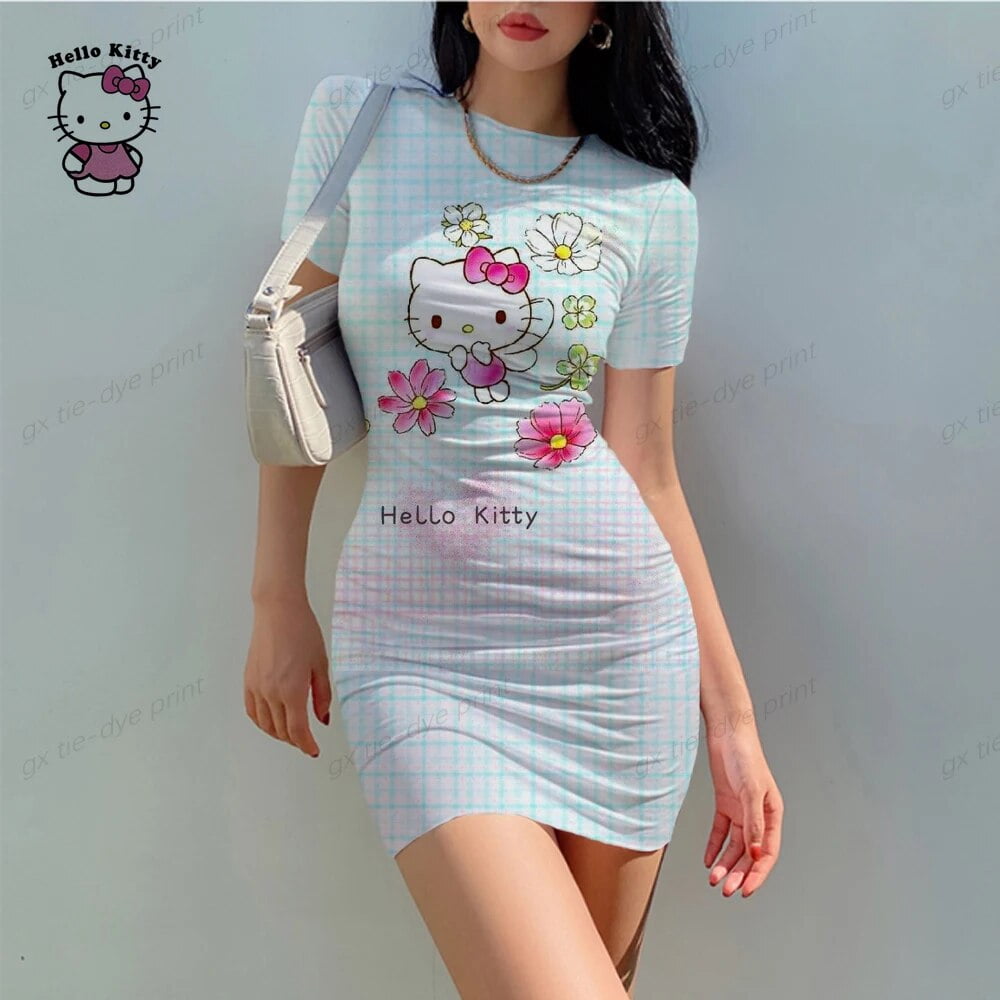 Hello Kitty Summer Dress 2024 Cartoon Sexy Nightclub Short Sleeved Dress Women‘s Tight Crewneck 4754