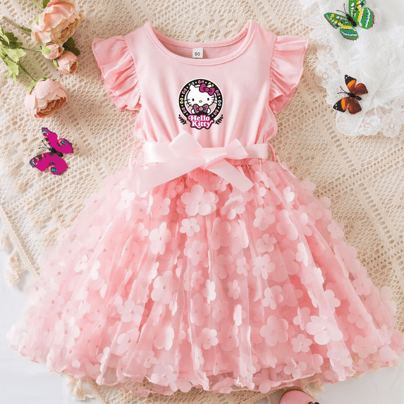 Hello Kitty Summer Dress for Kid's Girls Princess Dress Casual Clothes 3D Butterfly Cute Baby Party Dresses 2-6 Yrs