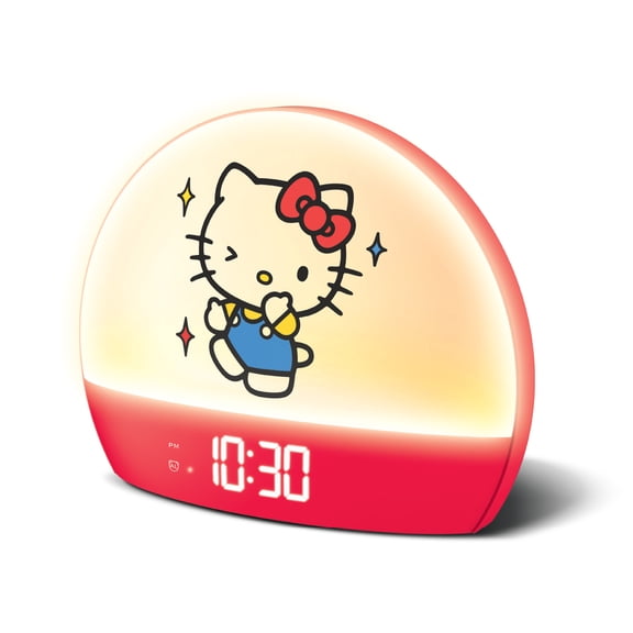 Hello Kitty Sunrise Alarm Clock, USB Powered Digital Bedside Clock with Night Light, 6 Color Modes, RGB Light, Time Date Temperature Display, Red