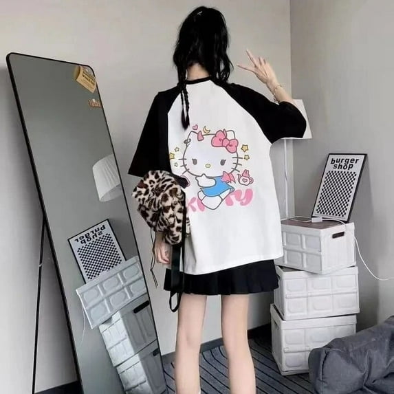 Hello Kitty T Shirt 100% Cotton Kuromi Kawaii Tee Sanrio Y2k Woman Cartoon Top Graphic Oversize Shirt Harajuku Casual Loose Tees