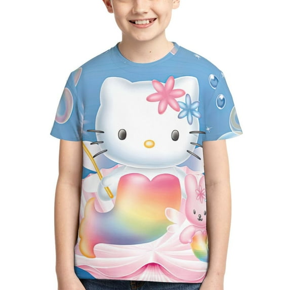 Hello Kitty T Shirts For Girls Boys, 3d Print Cartoon Graphics T Shirt, Youth Crewneck T-Shirt, Unisex Short Sleeve Top Tees Age 4-16 Years