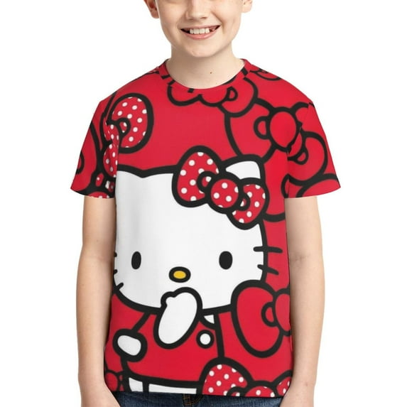 Hello Kitty T Shirts For Girls Boys, 3d Print Cartoon Graphics T Shirt, Youth Crewneck T-Shirt, Unisex Short Sleeve Top Tees Age 4-16 Years
