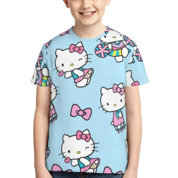 Hello Kitty T Shirts For Girls Boys, 3d Print Cartoon Graphics T Shirt, Youth Crewneck T-Shirt, Unisex Short Sleeve Top Tees Age 4-16 Years
