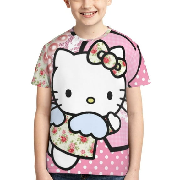 Hello Kitty T Shirts For Girls Boys, 3d Print Cartoon Graphics T Shirt, Youth Crewneck T-Shirt, Unisex Short Sleeve Top Tees Age 4-16 Years