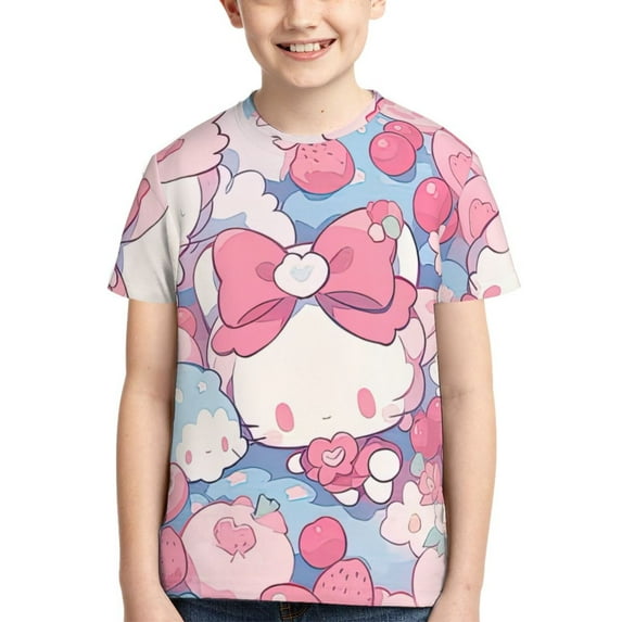 Hello Kitty T Shirts For Girls Boys, 3d Print Cartoon Graphics T Shirt, Youth Crewneck T-Shirt, Unisex Short Sleeve Top Tees Age 4-16 Years