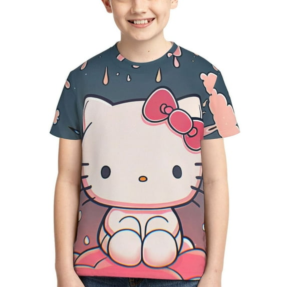 Hello Kitty T Shirts For Girls Boys, 3d Print Cartoon Graphics T Shirt, Youth Crewneck T-Shirt, Unisex Short Sleeve Top Tees Age 4-16 Years