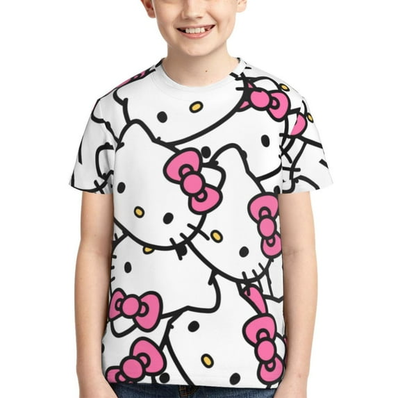 Hello Kitty T Shirts For Girls Boys, 3d Print Cartoon Graphics T Shirt, Youth Crewneck T-Shirt, Unisex Short Sleeve Top Tees Age 4-16 Years