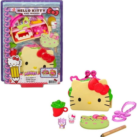 Hello Kitty Taco Party Compact Toy with 2 Sanrio Minis Figures, Stationery Notepad & Accessories