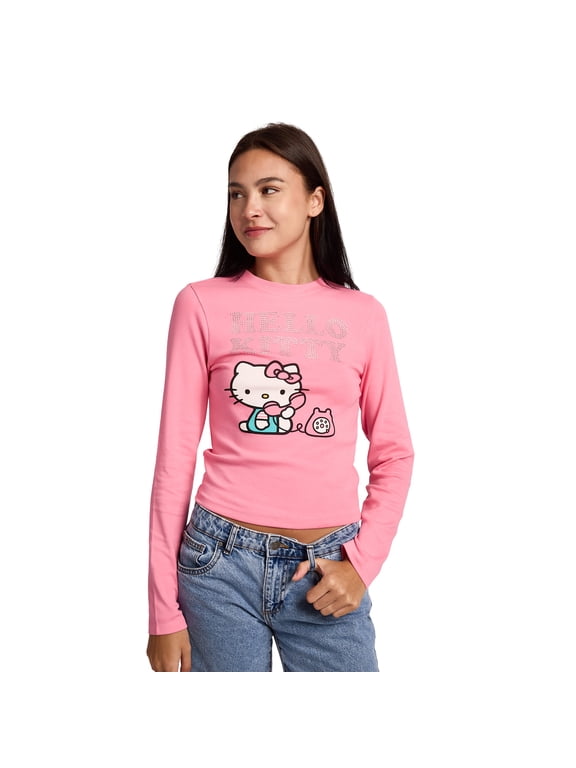 Hello Kitty Talking On Phone Glitter Print Women's Pink Long Sleeve Baby Tee-Large