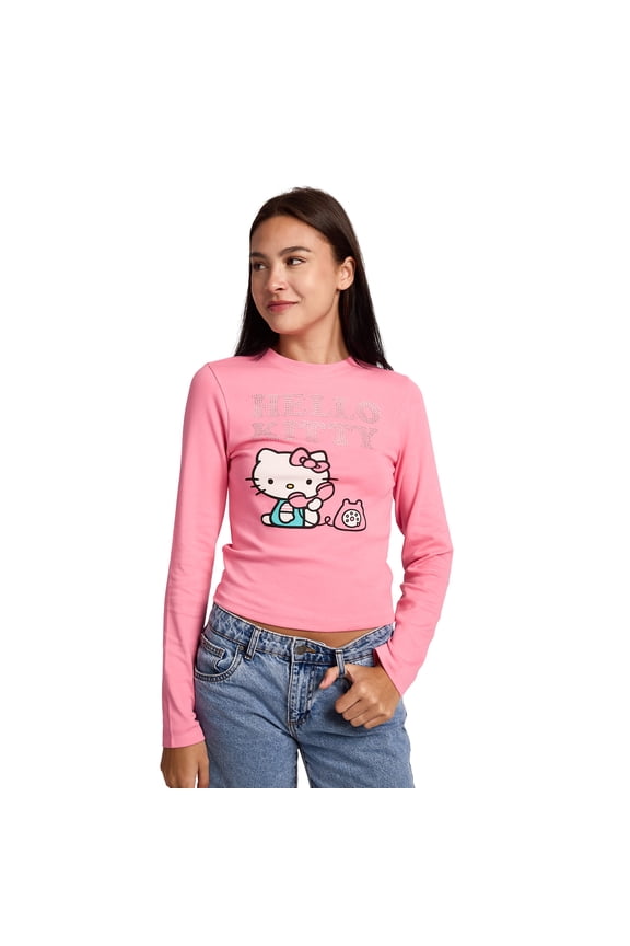 Hello Kitty Talking On Phone Glitter Print Women's Pink Long Sleeve Baby Tee-Medium