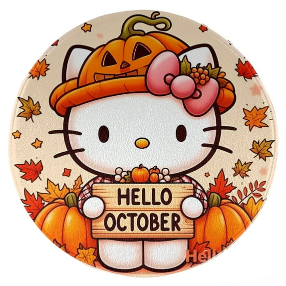 Hello Kitty Thanksgiving halloween Round Rug Washable Circle Rug Non Slip Round Doormat Anime Printed Flannel Round Entryway Rug Floor Carpet Round for Entrance, Entryway, Bedroom 23.6 Inch