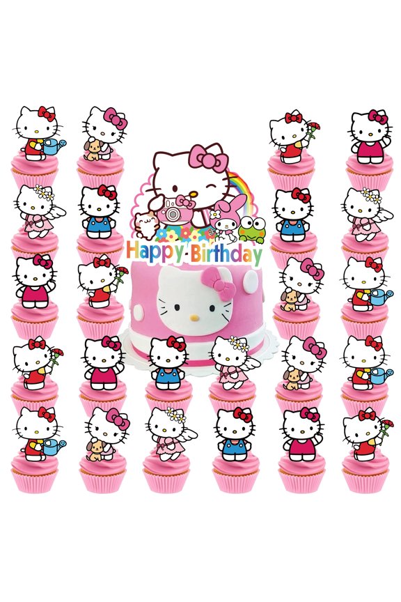 Hello Kitty Themed Birthday Cake Topper, Party Cake Decorations,Include 1pcs Cake Topper, 24pcs Cupcake Toppers