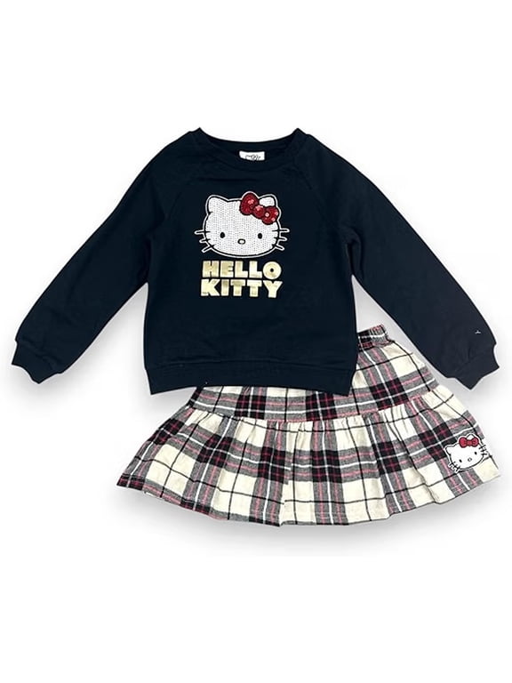 Toddler Girls 2-Piece Fleece Sweatshirt & Plaid Skirt Set, Black Plaid, 4T