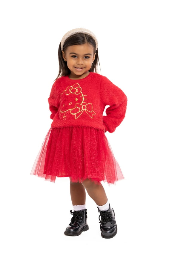 Hello Kitty Toddler Girls Eyelash Knit Tutu Dress with Long Sleeves, Sizes 12M-5T