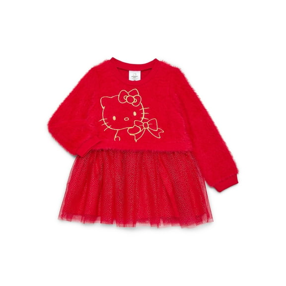 Hello Kitty Toddler Girls Eyelash Knit Tutu Dress with Long Sleeves, Sizes 12M-5T