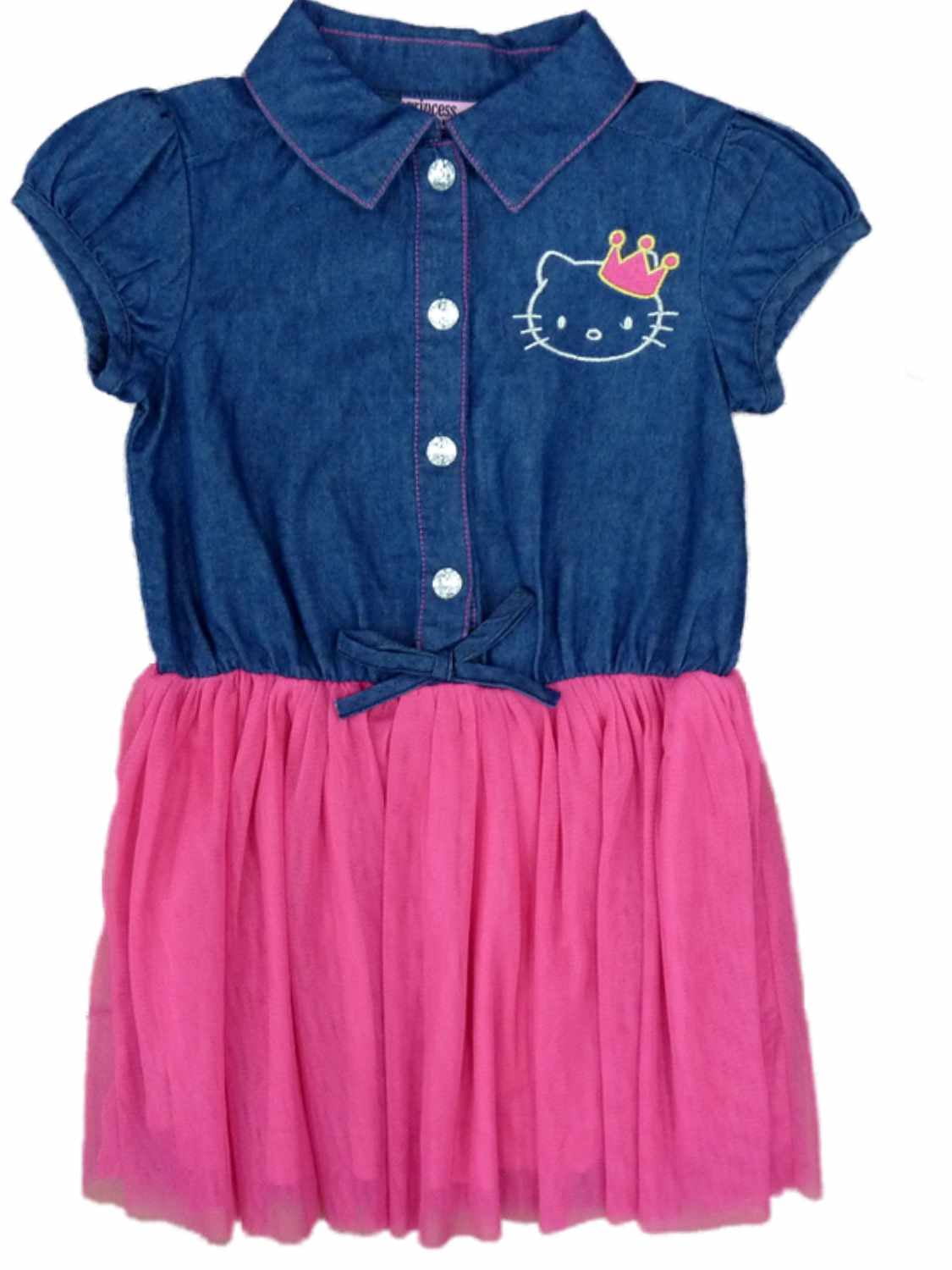 Hello Kitty Toddler & Girls Princess Denim & Pink Tulle Short Sleeve Dress 2T