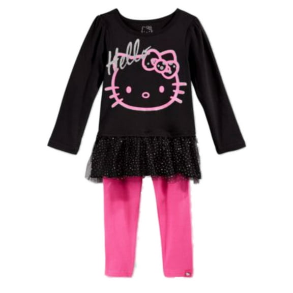 Hello Kitty Toddler Little Girls 2 PC Set Black Glittery Shirt Pink Leggings 2T