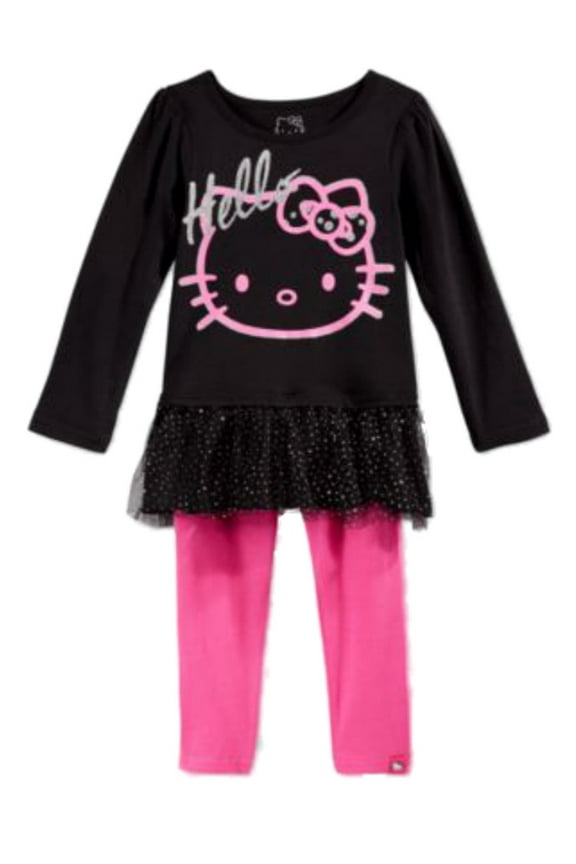 Toddler Little Girls 2 PC Set Black Glittery Shirt Pink Leggings 2T