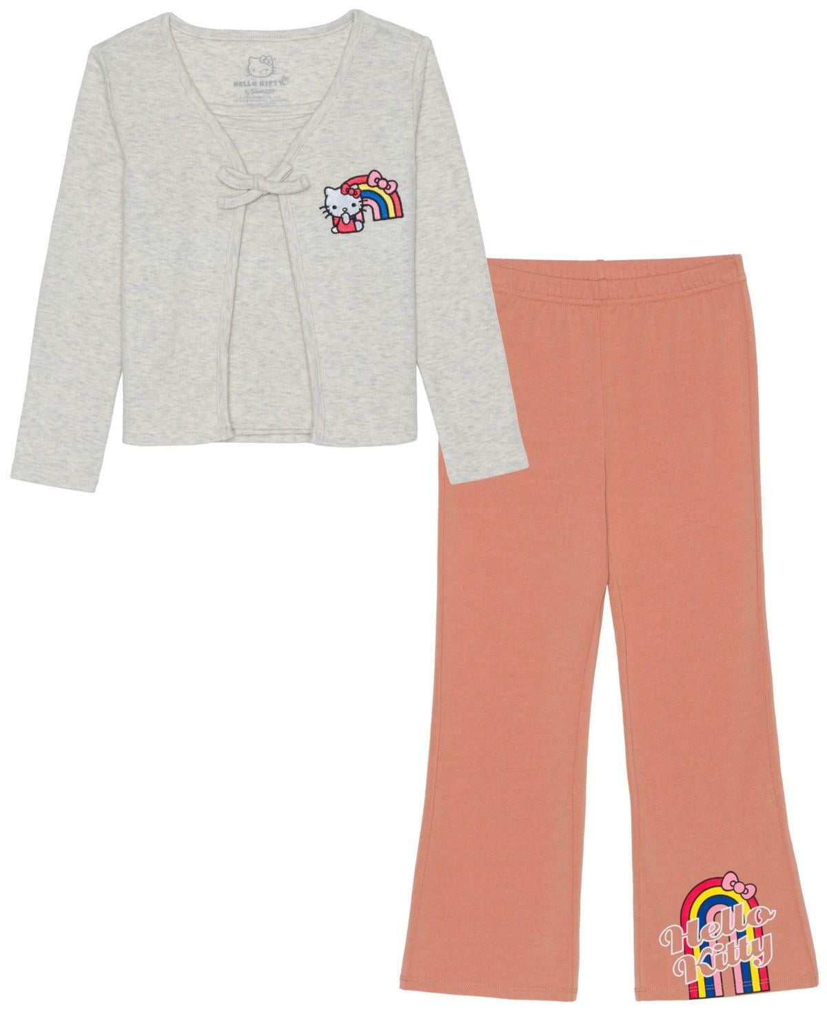 Hello Kitty Toddler and Little Girls Long Sleeve Cardigan with Tank Top and Legging, 3-Piece Set - Heather Oatmeal