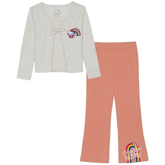 Hello Kitty Toddler and Little Girls Long Sleeve Cardigan with Tank Top and Legging, 3-Piece Set - Heather Oatmeal