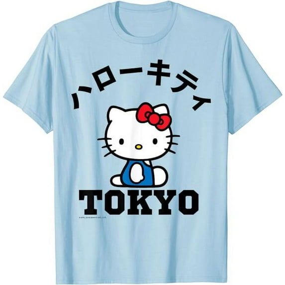 Hello Kitty Tokyo Japanese Language T-Shirt, Cute Tee For Men Women Cat Lovers, Light Blue Color, Size S