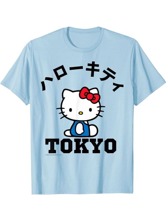 Hello Kitty Tokyo Japanese Language T-Shirt, Cute Tee For Men Women Cat Lovers, Light Blue Color, Size S