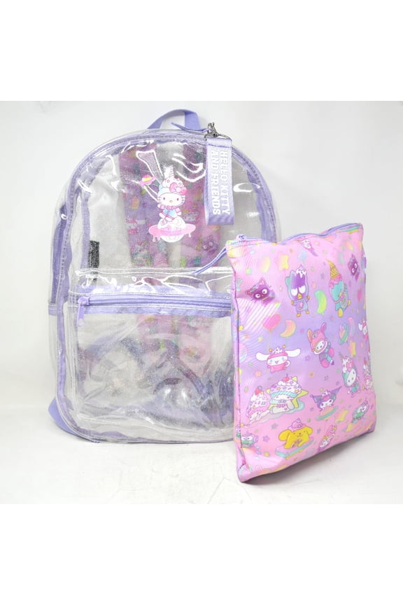 Bioworld Hello Kitty Transparent 16" School Backpack with Purple Glitter all over with a Book Sleeve
