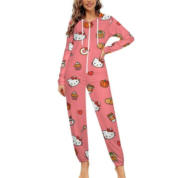 Hello Kitty Unisex Onesie Pajamas Zipper Jumpsuit Hooded One Piece Sleepwear for Family Mens Womens