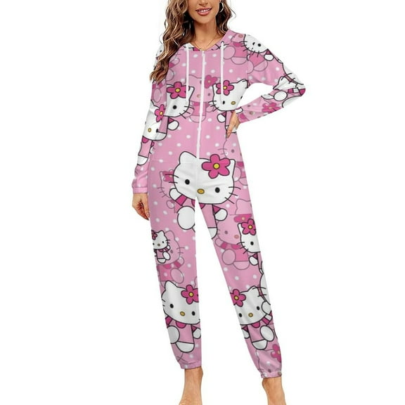 Hello Kitty Unisex Onesie Pajamas Zipper Jumpsuit Hooded One Piece Sleepwear for Family Mens Womens