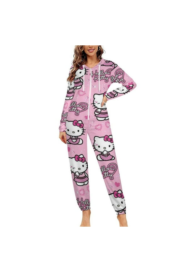 Hello Kitty Unisex Onesie Pajamas Zipper Jumpsuit Hooded One Piece Sleepwear for Family Mens Womens