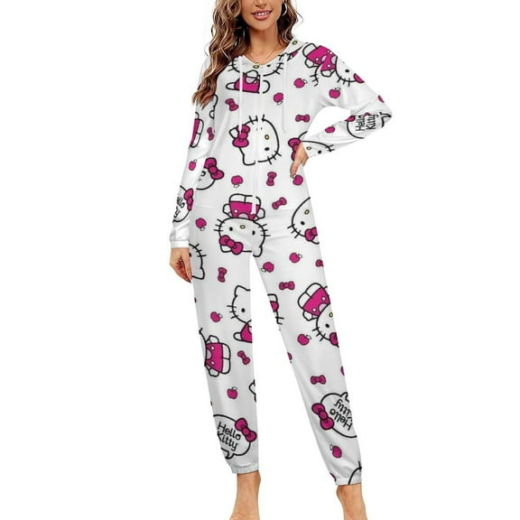 Hello Kitty Unisex Onesie Pajamas Zipper Jumpsuit Hooded One Piece Sleepwear for Family Mens Womens