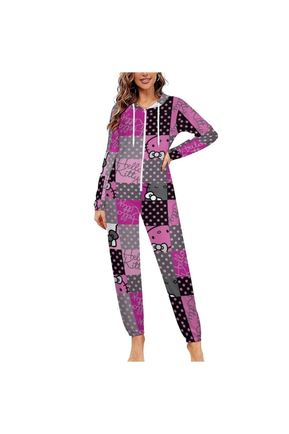 Hello Kitty Unisex Onesie Pajamas Zipper Jumpsuit Hooded One Piece Sleepwear for Family Mens Womens