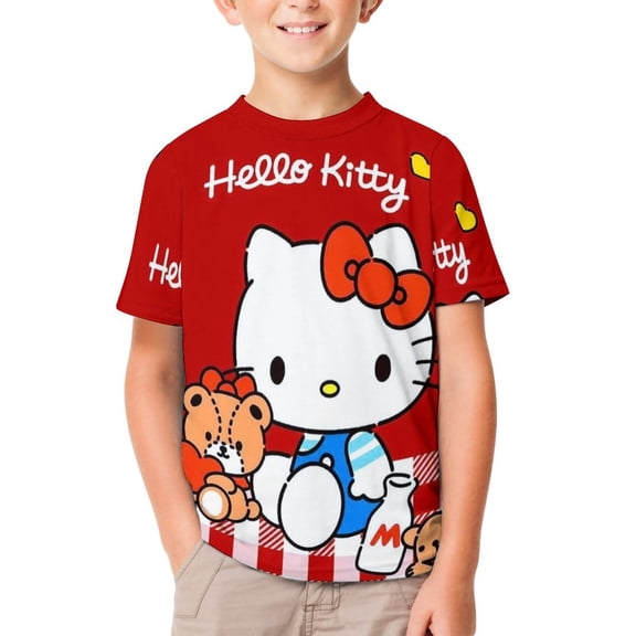 Hello Kitty Unisex T-Shirt for Boys Girls Short Sleeve Sports Top Breathable Blouse 3D Prints Tee Shirts Casual Children Clothing 120CM