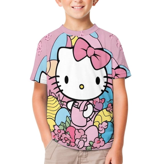 Hello Kitty Unisex T-Shirt for Boys Girls Short Sleeve Sports Top Breathable Blouse 3D Prints Tee Shirts Casual Children Clothing 150CM