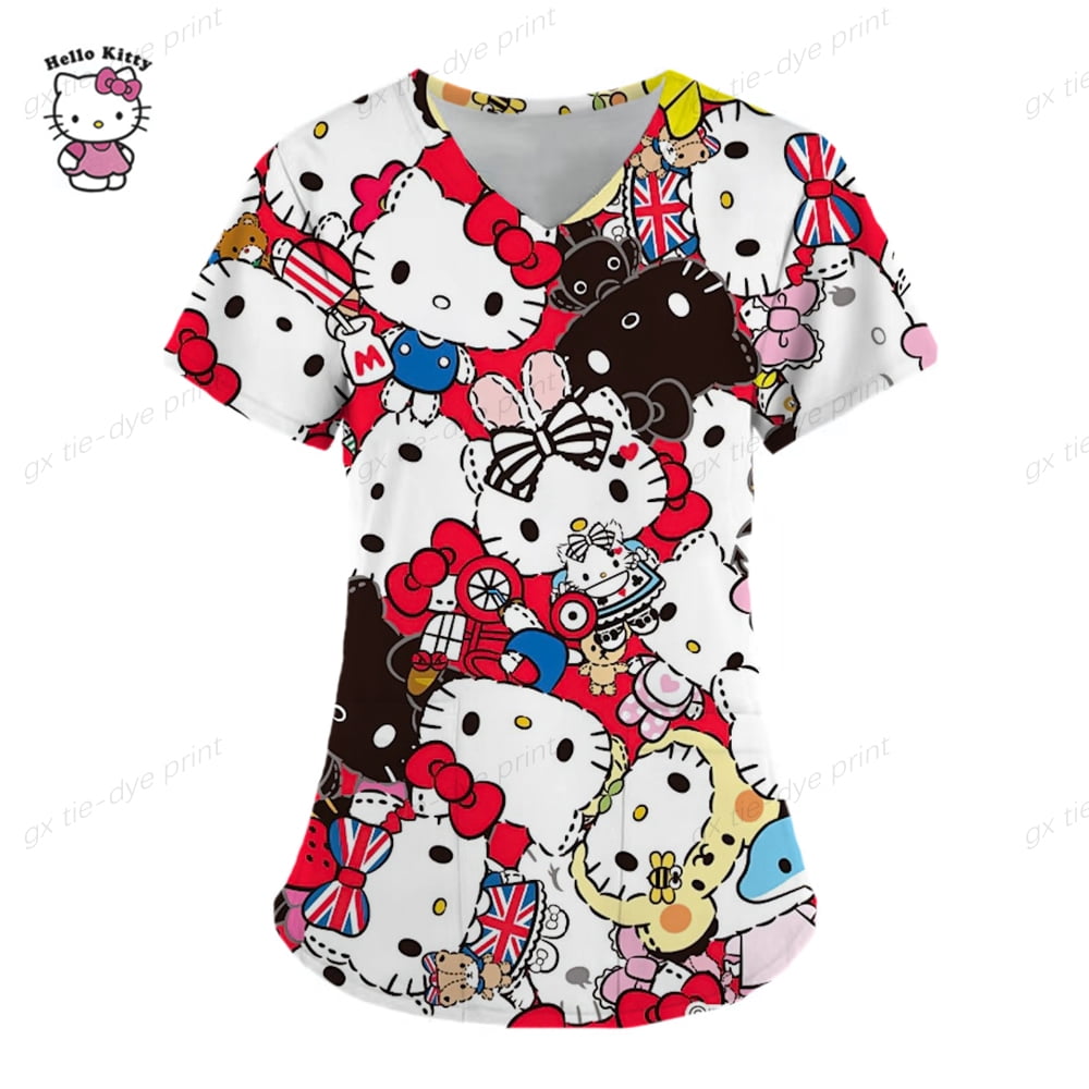 Hello Kitty V Neck Scrub Top Cartoon 3D Nurse Uniform Medical Uniform