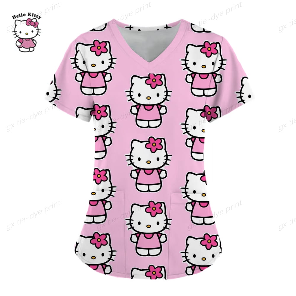 Hello Kitty V Neck Scrub Top Cartoon 3D Nurse Uniform Medical Uniform