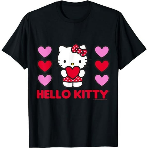 Hello Kitty Valentine Red Pink Hearts T-Shirt, Cute Kitten Gift For Men Women Cat Lovers, Black Color, Size S