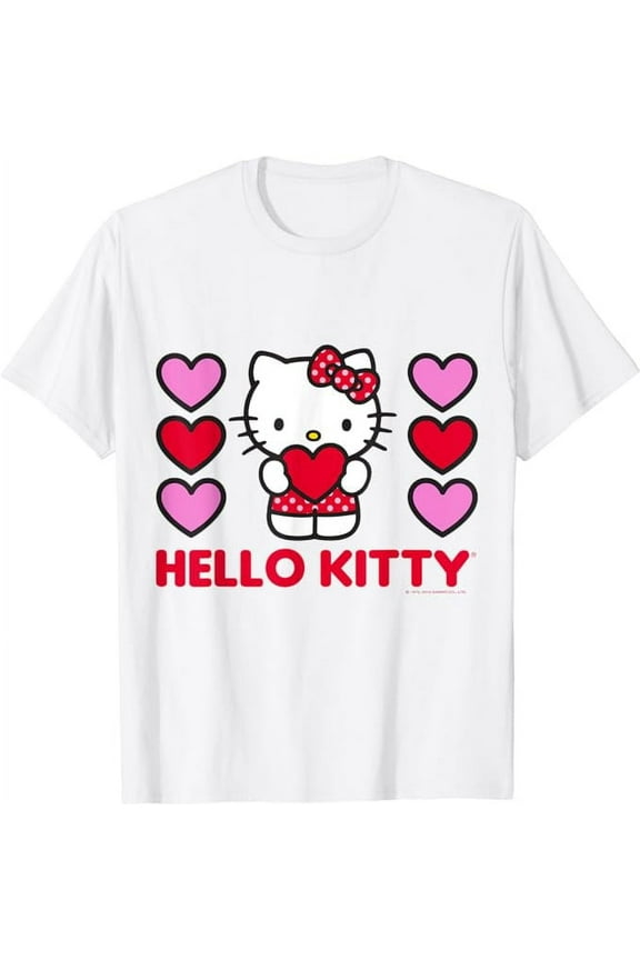 Hello Kitty Valentine Red Pink Hearts T-Shirt, Cute Kitten Gift For Men Women Cat Lovers, White Color, Size 2XL