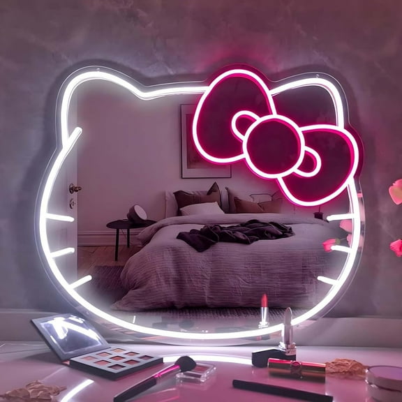Hello Kitty Vanity Mirror with LED Lights 18.5" x 15.1" Dimmable Neon Wall Mirror for Girls' Rooms & Hello Kitty Fans