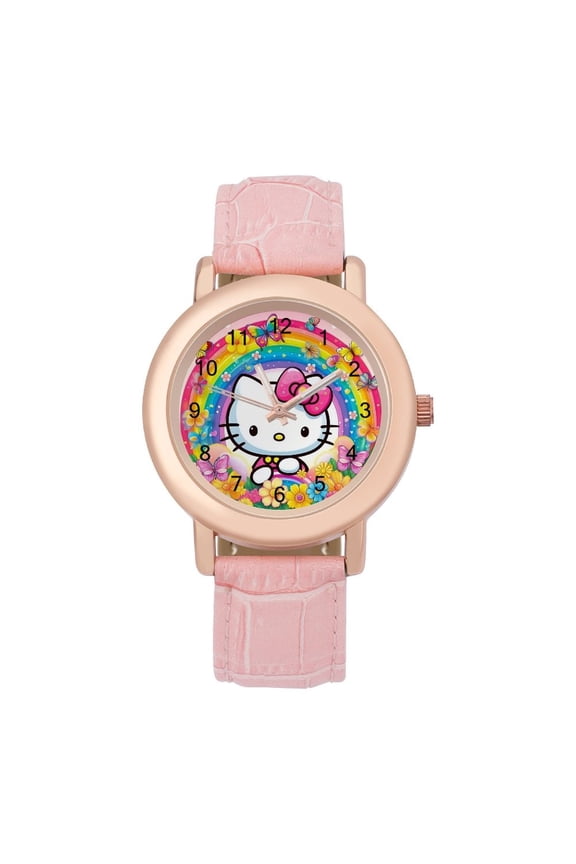 Hello Kitty Watch Ladies Classic Simple Pink Leather Wrist Watches Round Printed Dial