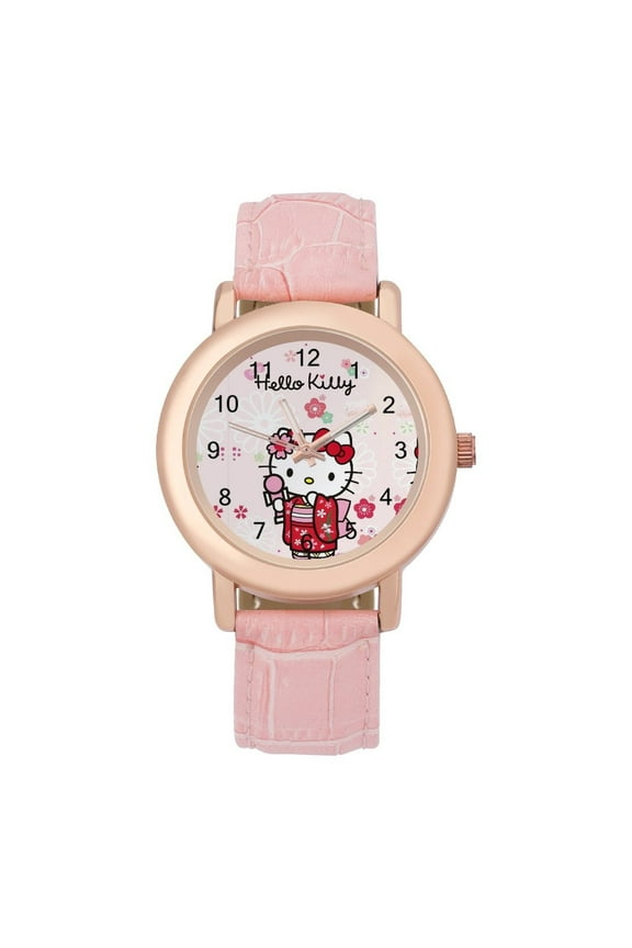 Hello Kitty Watch Ladies Classic Simple Pink Leather Wrist Watches Round Printed Dial
