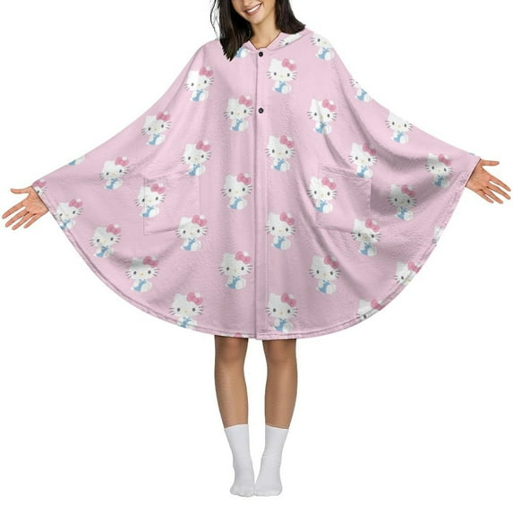 Hello Kitty Wearable Blanket Flannel Poncho Office Work Warm Cozy Shawl Blanket, Plush Cape Wrap for Women And Men