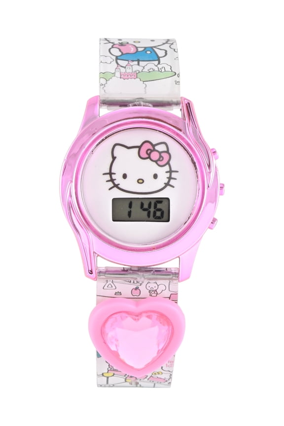 San Rio Hello Kitty Girls White Printed Silicone Strap Watch With Slide On Heart Charm; HK4255WM