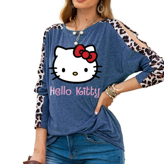 Hello Kitty Woman Casual Tops Long Sleeve Leopard Print Patchwork Plus Size T-Shirt Blouses