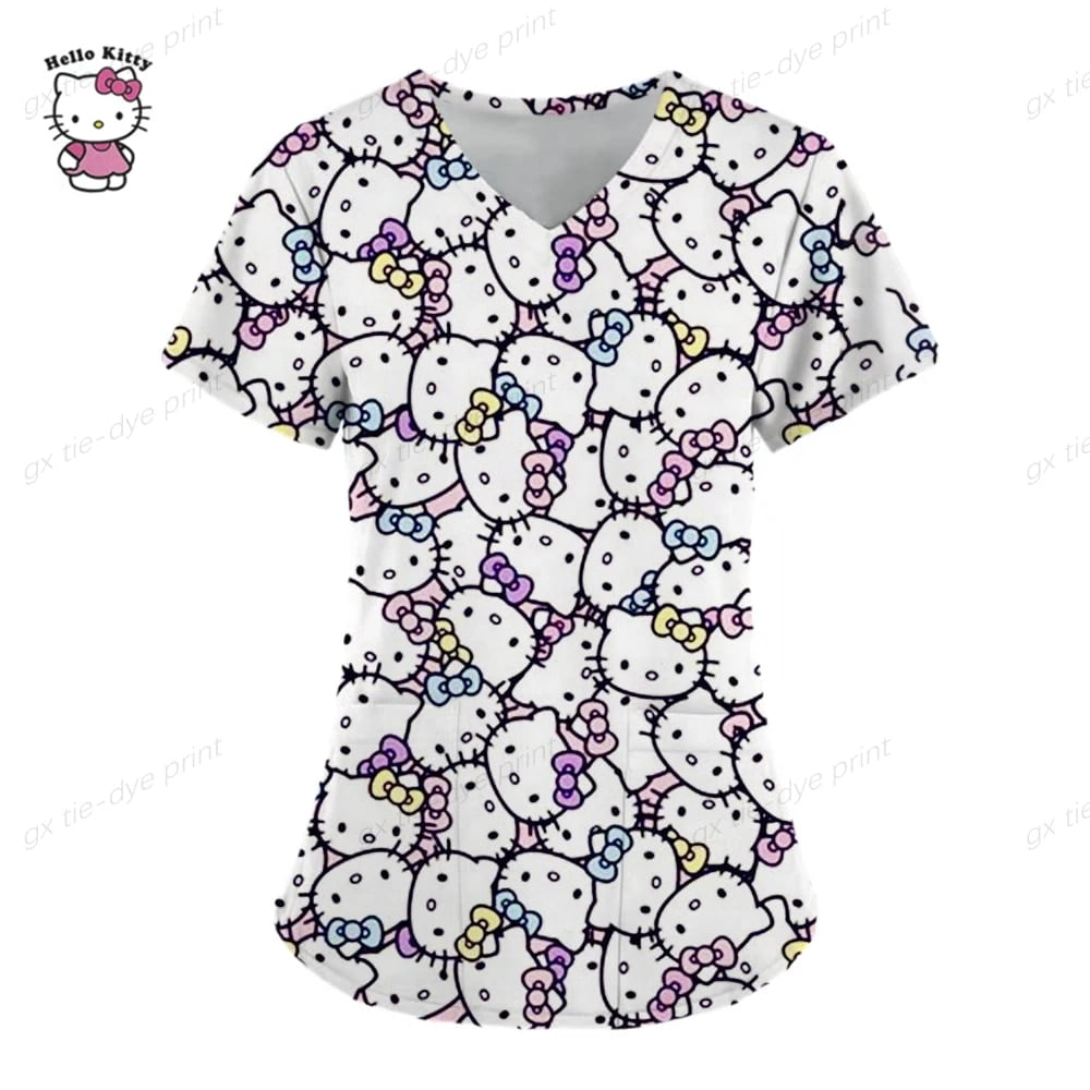 Hello Kitty Women Nurse Uniform T-shirt Top Hello Kitty Printing