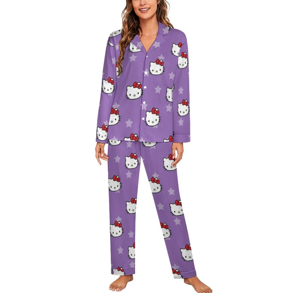 Hello Kitty Women Pajamas Set Long Sleeve Sleepwear Button Down Nightwear Soft Pjs Set with Pockets