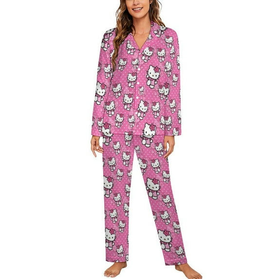 Hello Kitty Women Pajamas Set Long Sleeve Sleepwear Button Down Nightwear Soft Pjs Set with Pockets