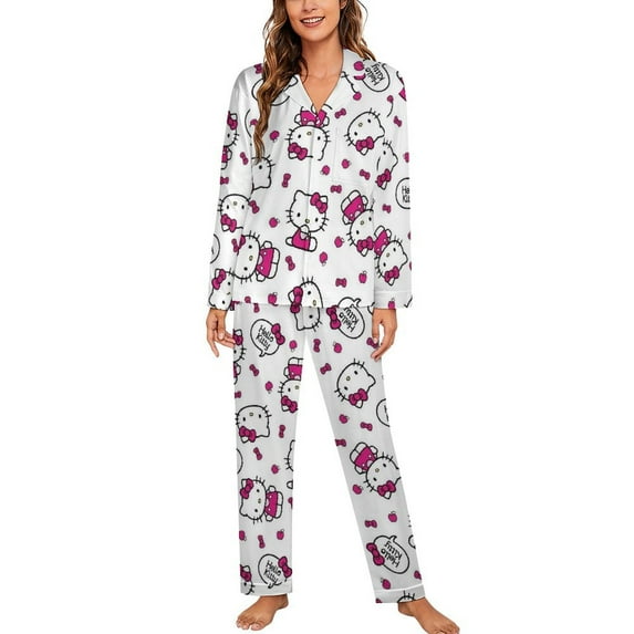 Hello Kitty Women Pajamas Set Long Sleeve Sleepwear Button Down Nightwear Soft Pjs Set with Pockets