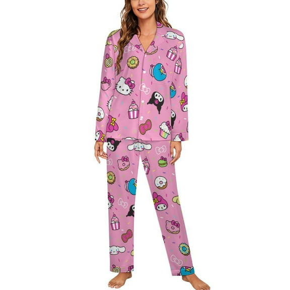 Hello Kitty Women Pajamas Set Long Sleeve Sleepwear Button Down Nightwear Soft Pjs Set with Pockets